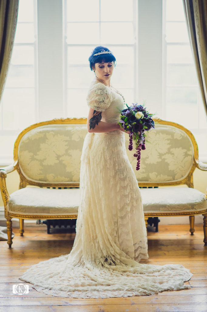 Victorian Gothic Style bride Elope to Ireland purple flowers 