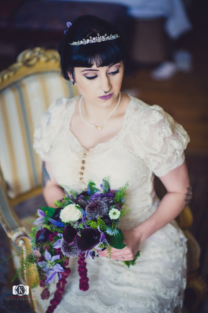 Victorian Gothic Style bride Elope to Ireland Castle purple flowers 