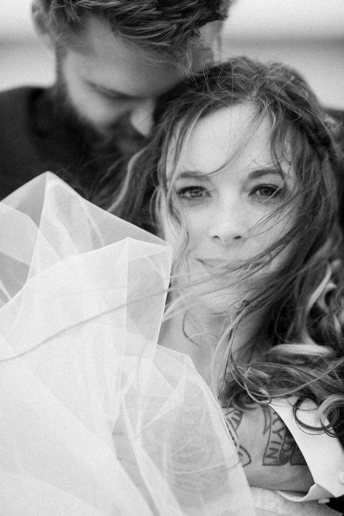 Coastal intimate Wedding in Ireland in a black and white of wedding couple in ireland