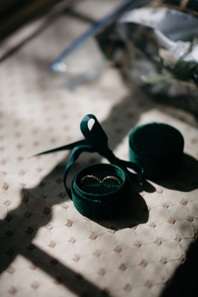 wedding rings in a green velvet box for the brides Spring Elopement in West Cork at Bantry House 